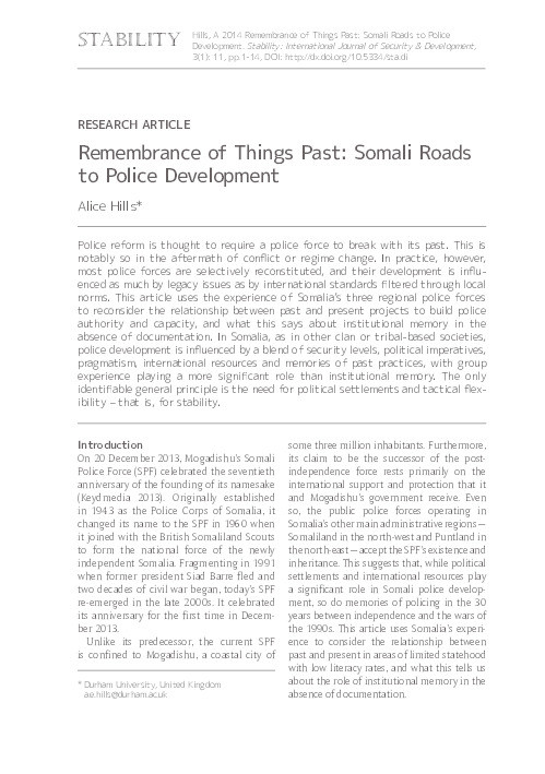 Remembrance of things past: Somali roads to police development Thumbnail