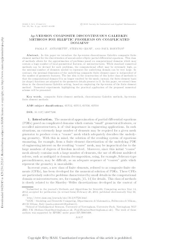 hp-Version Composite Discontinuous Galerkin Methods for Elliptic Problems on Complicated Domains Thumbnail