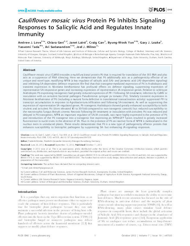 Cauliflower mosaic virus protein P6 inhibits signaling responses to salicylic acid and regulates innate immunity Thumbnail