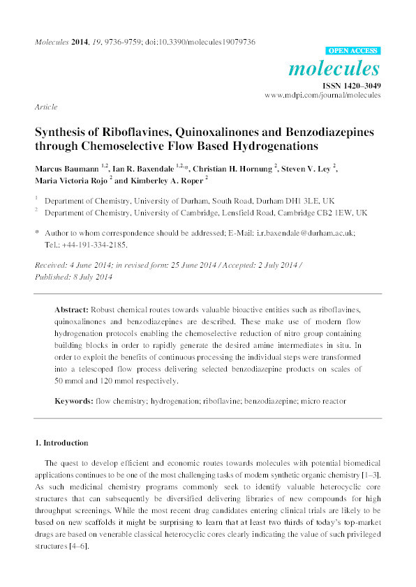 Synthesis of Riboflavines, Quinoxalinones and Benzodiazepines through Chemoselective Flow Based Hydrogenations Thumbnail