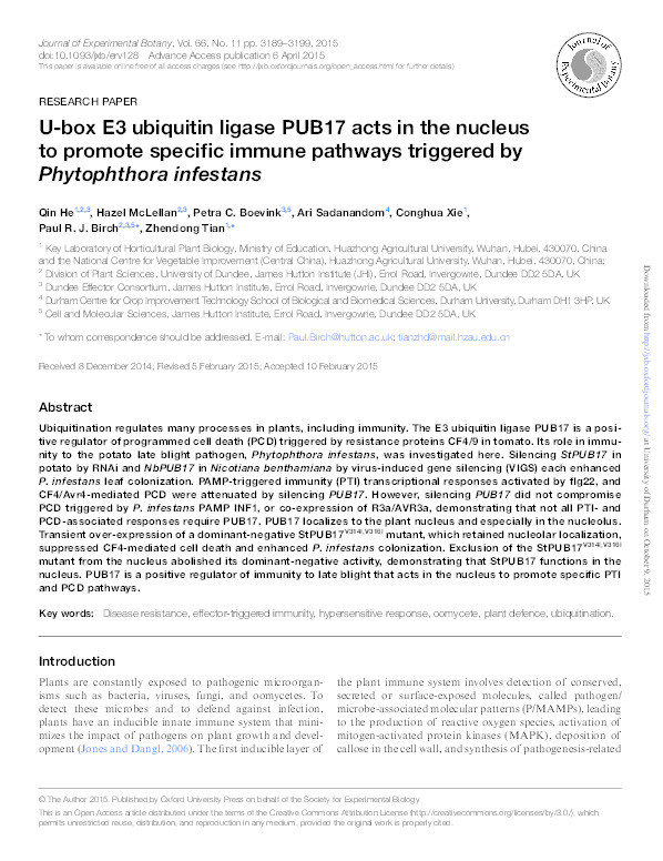 U-box E3 ubiquitin ligase PUB17 acts in the nucleus to promote specific immune pathways triggered by Phytophthora infestans Thumbnail