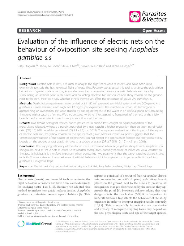 Evaluation of the influence of electric nets on the behaviour of oviposition site seeking Anopheles gambaie s.s Thumbnail