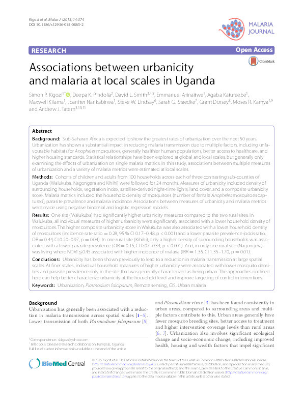 Associations between urbanicity and malaria at local scales in Uganda Thumbnail