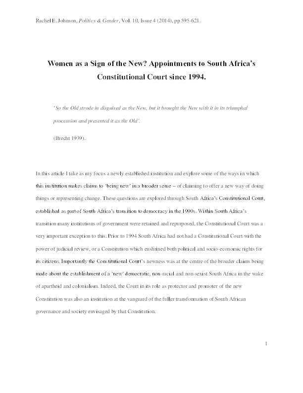 Women as a Sign of the New? Appointments to South Africa's Constitutional Court since 1994 Thumbnail