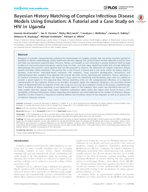 Bayesian history matching of complex infectious disease models using emulation: A tutorial and a case study on HIV in Uganda Thumbnail
