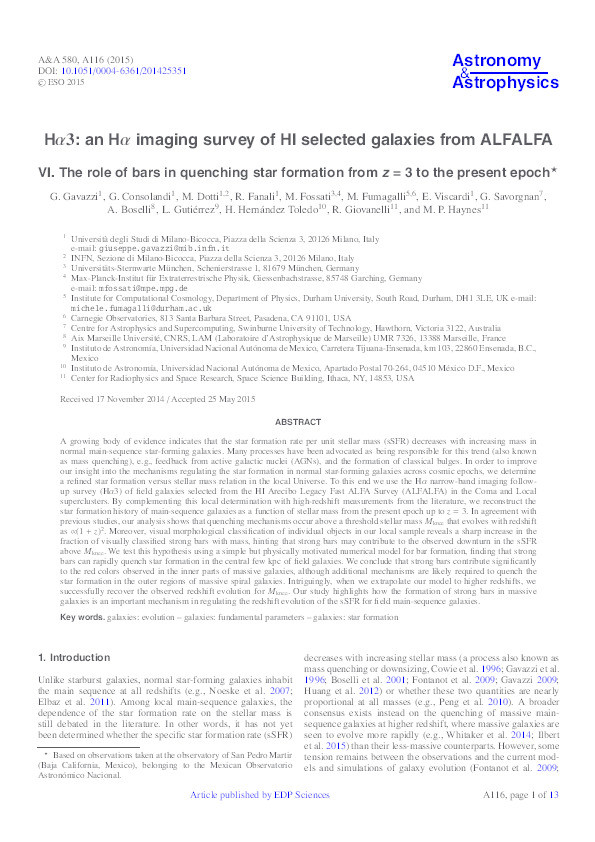 Hα3: an Hα imaging survey of HI selected galaxies from ALFALFA. VI. The role of bars in quenching star formation from z = 3 to the present epoch Thumbnail