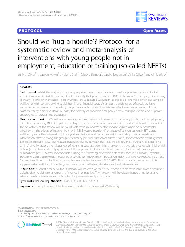 Should we ‘hug a hoodie’? Protocol for a systematic review and meta-analysis of interventions with young people not in employment, education or training (so-called NEETs) Thumbnail