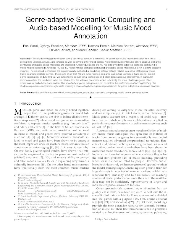 Genre-adaptive Semantic Computing and Audio-based Modelling for Music Mood Annotation Thumbnail