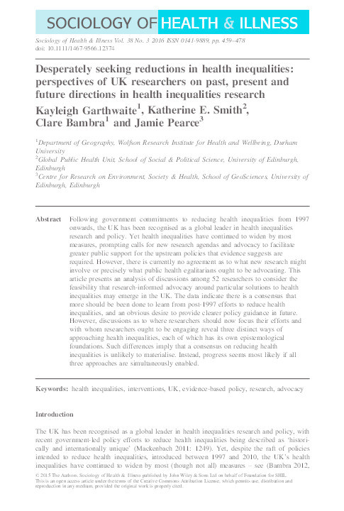 Desperately seeking reductions in health inequalities: perspectives of UK researchers on past, present and future directions in health inequalities research Thumbnail