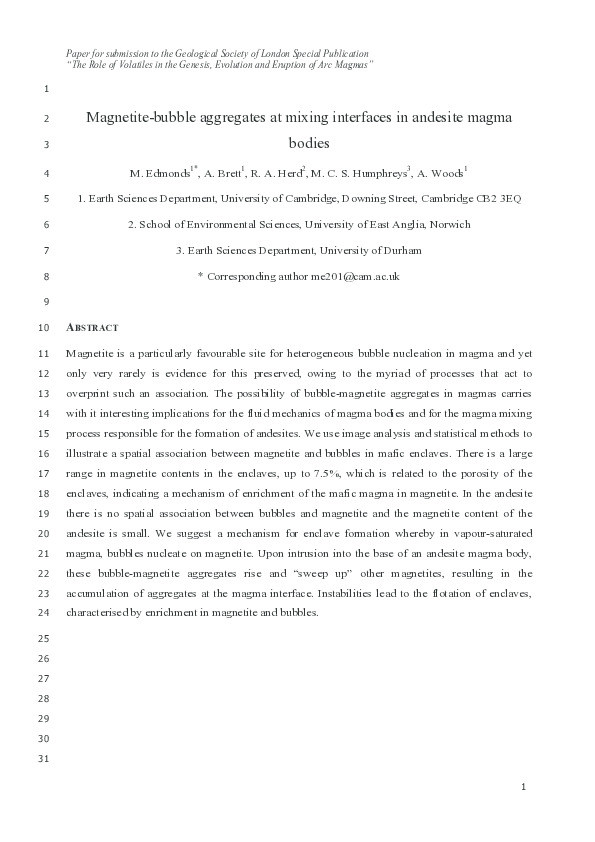 Magnetite-bubble aggregates at mixing interfaces in andesite magma bodies Thumbnail
