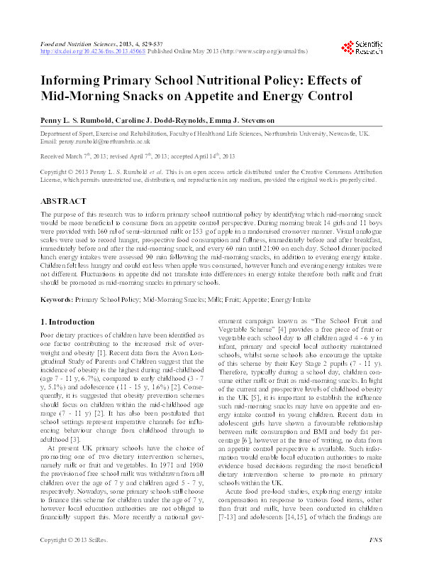 Informing Primary School Nutritional Policy: Effects of Mid-Morning Snacks on Appetite and Energy Control Thumbnail