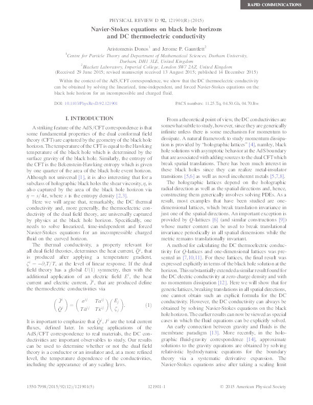 Navier-Stokes equations on black hole horizons and DC thermoelectric conductivity Thumbnail