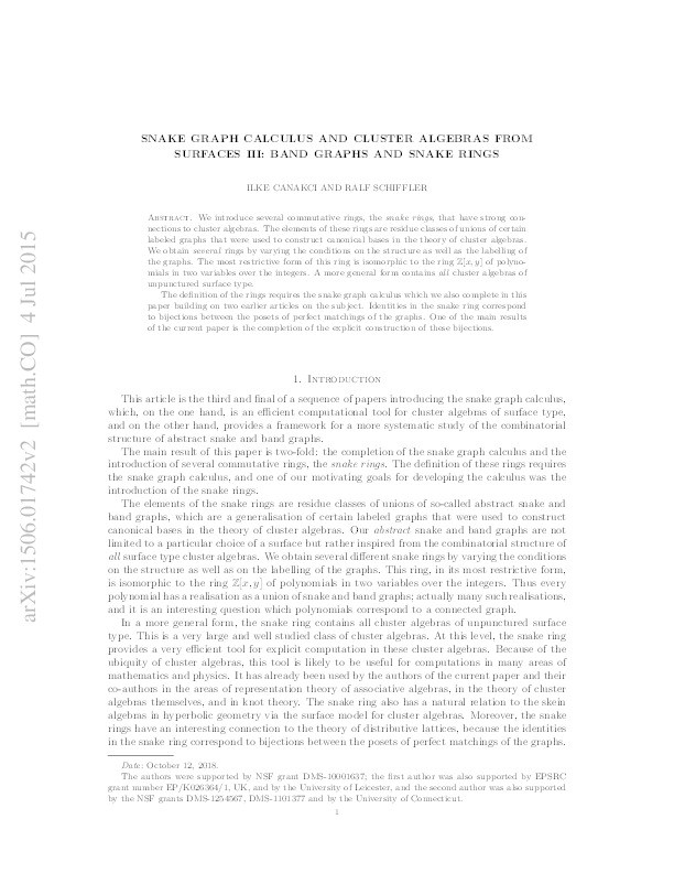 Snake graph calculus and cluster algebras from surfaces III: Band graphs and snake rings Thumbnail