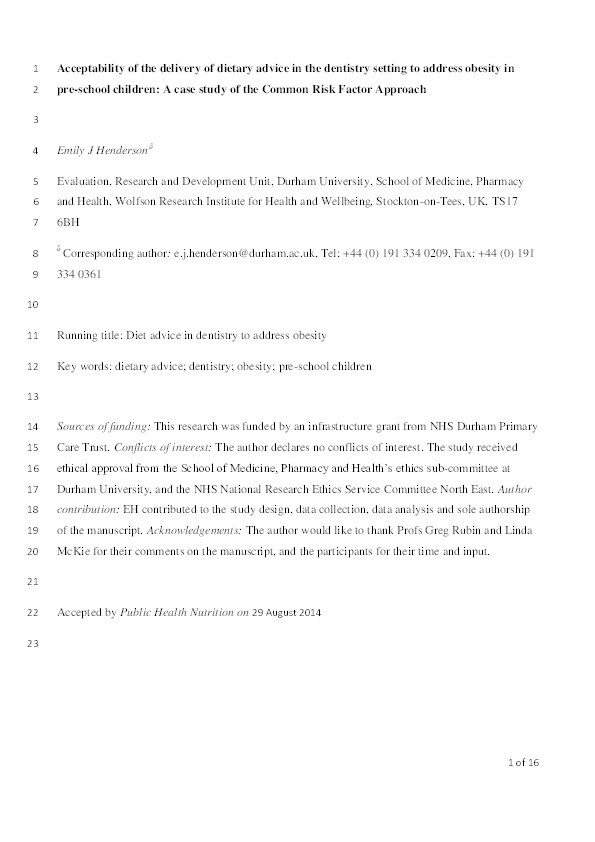 Acceptability of delivery of dietary advice in the dentistry setting to address obesity in pre-school children : a case study of the Common Risk Factor Approach Thumbnail