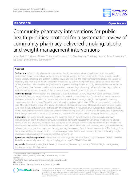 Community pharmacy interventions for public health priorities: protocol for a systematic review of community pharmacy-delivered smoking, alcohol and weight management interventions Thumbnail