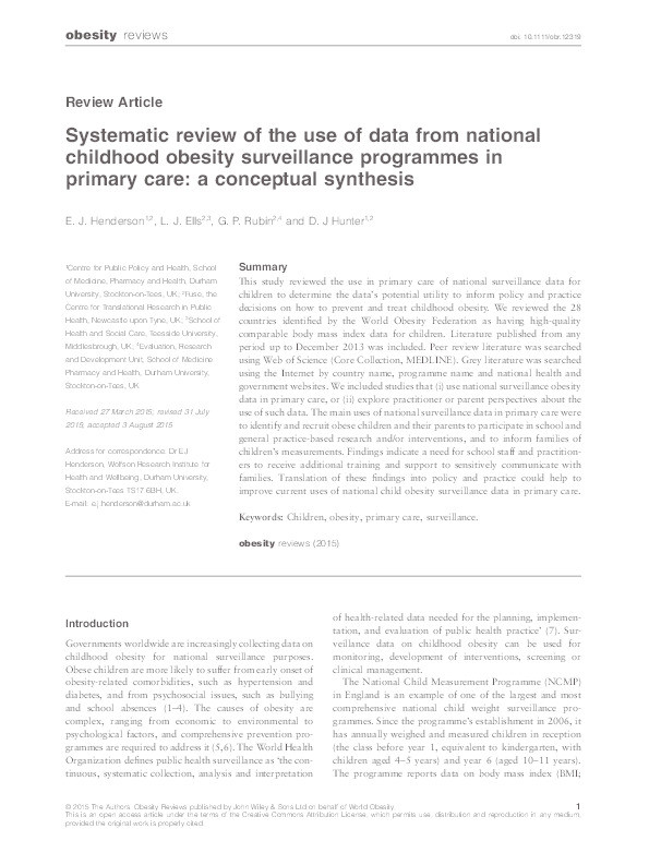 Systematic review of the use of data from national childhood obesity surveillance programmes in primary care: a conceptual synthesis Thumbnail
