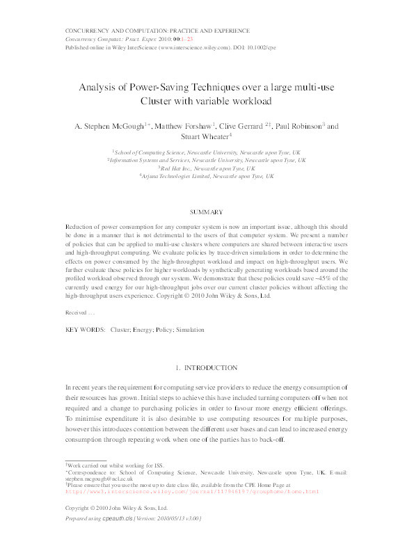 Analysis of power-saving techniques over a large multi-use cluster with variable workload Thumbnail