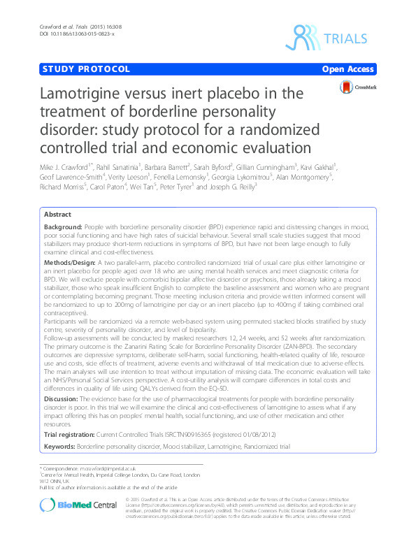 Lamotrigine versus inert placebo in the treatment of borderline personality disorder: study protocol for a randomized controlled trial and economic evaluation Thumbnail