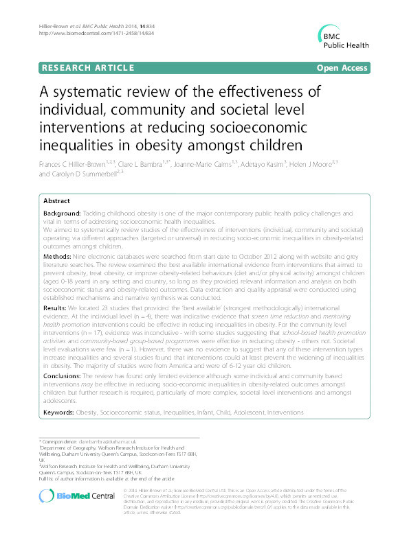 A systematic review of the effectiveness of individual, community and societal level interventions at reducing socioeconomic inequalities in obesity amongst children Thumbnail