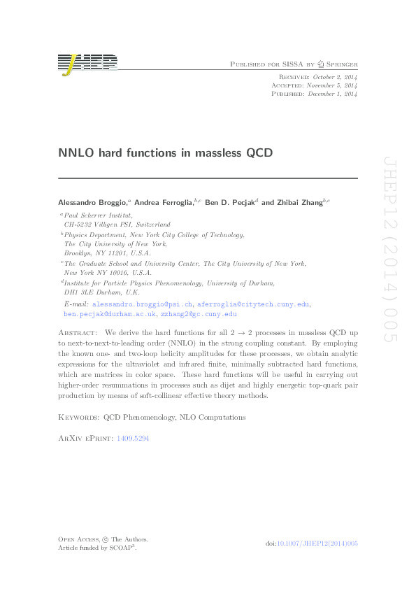 NNLO hard functions in massless QCD Thumbnail
