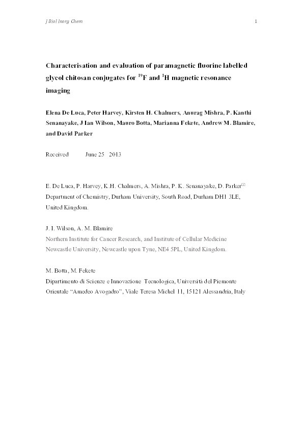 Characterisation and evaluation of paramagnetic fluorine labelled glycol chitosan conjugates for 19F and 1H magnetic resonance imaging Thumbnail