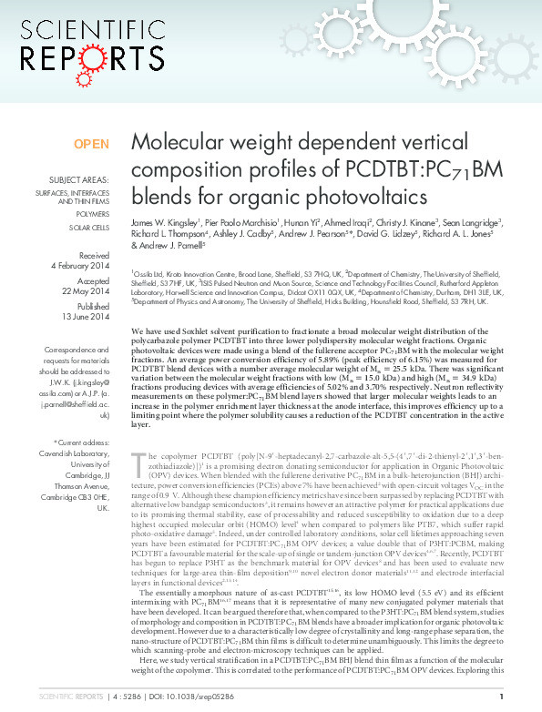 Molecular weight dependent vertical composition profiles of PCDTBT:PC71BM blends for organic photovoltaics Thumbnail