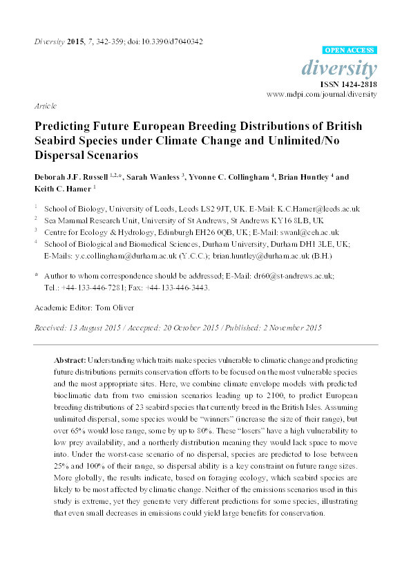 Predicting Future European Breeding Distributions of British Seabird Species under Climate Change and Unlimited/No Dispersal Scenarios Thumbnail