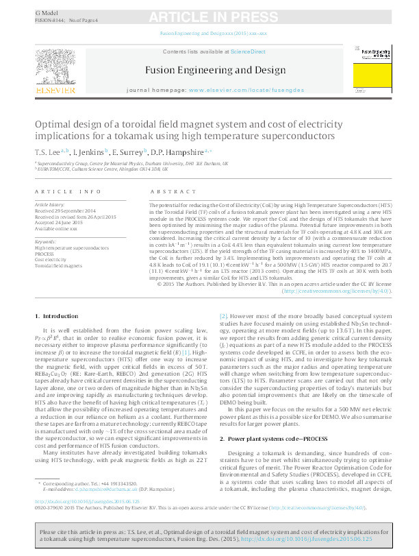 Optimal design of a toroidal field magnet system and cost of electricity implications for a tokamak using high temperature superconductors Thumbnail