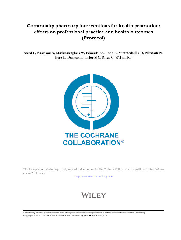 Community pharmacy interventions for health promotion: effects on professional practice and health outcomes (Protocol) Thumbnail