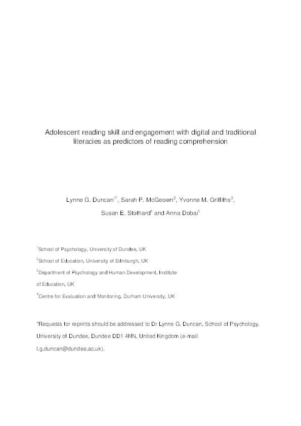 Adolescent reading skill and engagement with digital and traditional literacies as predictors of reading comprehension Thumbnail