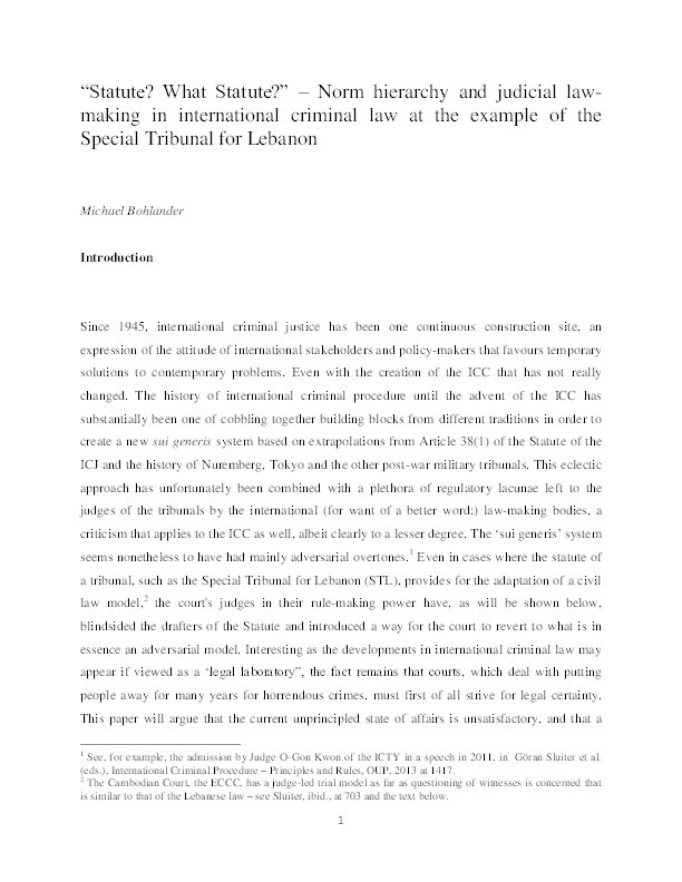 "Statute? What statute?" - norm hierarchy and judicial law-making in international criminal law at the example of the special tribunal for Lebanon Thumbnail