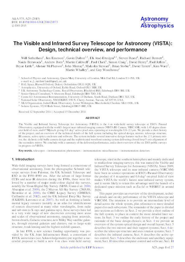 The Visible and Infrared Survey Telescope for Astronomy (VISTA): Design, technical overview, and performance Thumbnail