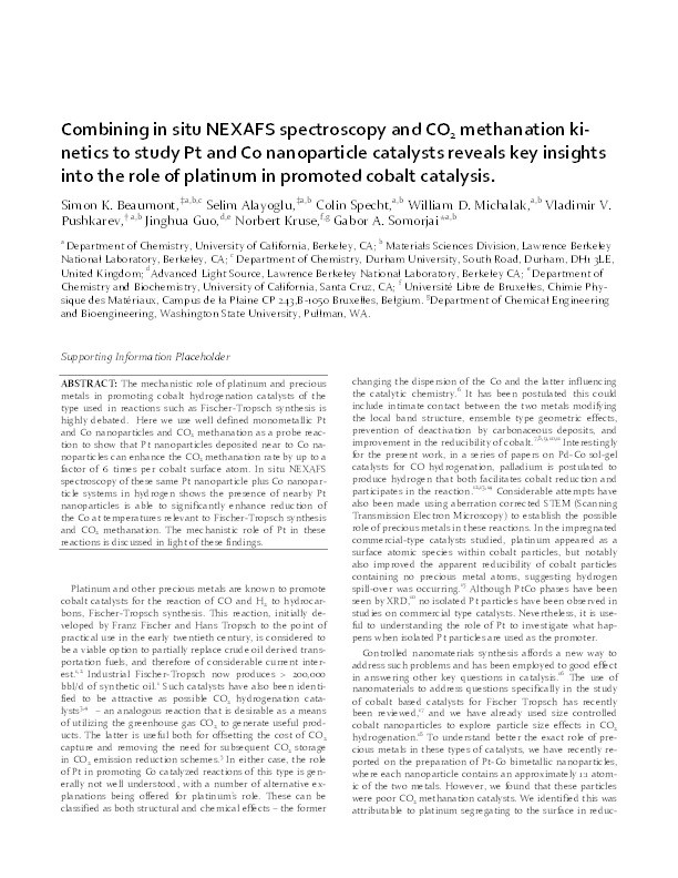 Combining in situ NEXAFS spectroscopy and CO₂ methanation kinetics to study Pt and Co nanoparticle catalysts reveals key insights into the role of platinum in promoted cobalt catalysis Thumbnail