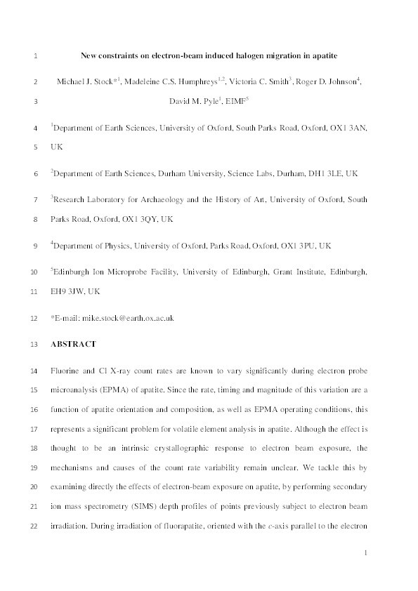 New constraints on electron-beam induced halogen migration in apatite Thumbnail