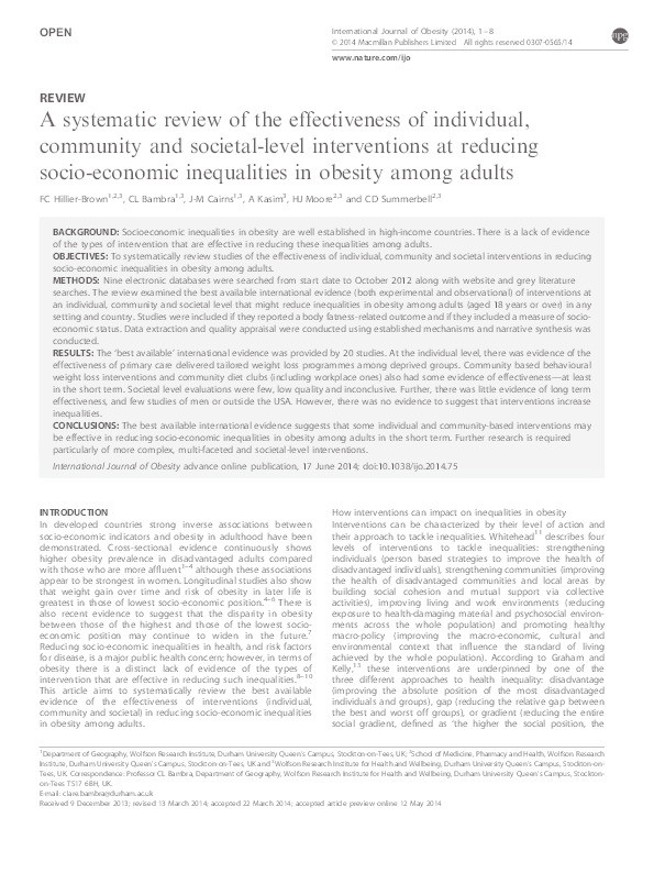 A systematic review of the effectiveness of individual, community and societal level interventions at reducing socioeconomic inequalities in obesity amongst adults Thumbnail