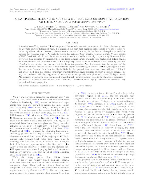 X-ray spectral residuals in NGC 5408 X-1: diffuse emission from star formation, or the signature of a super-Eddington wind? Thumbnail