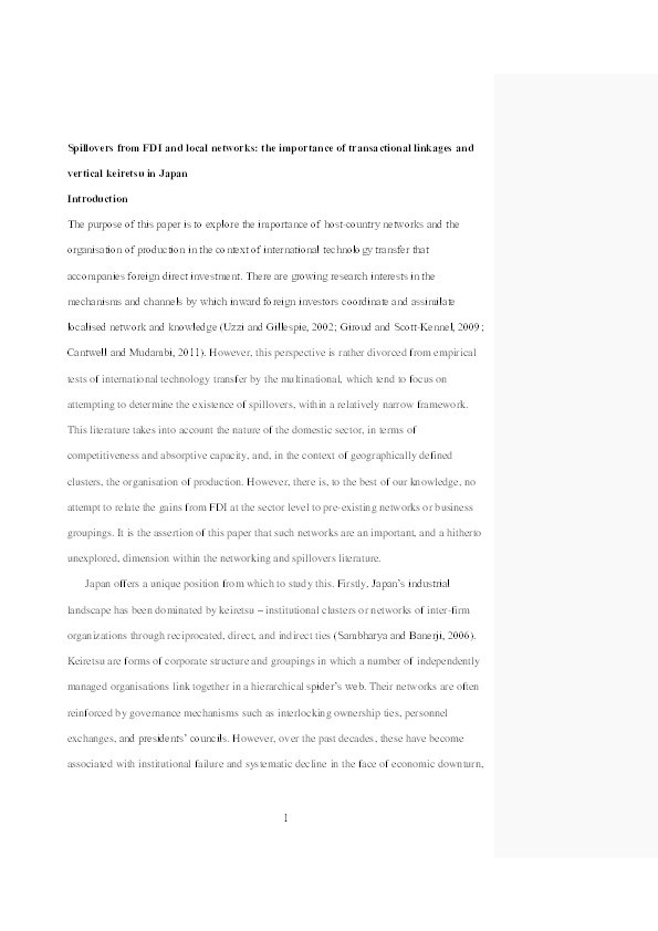 Spillovers from FDI and local networks: the importance of transactional linkages and vertical keiretsu in Japan Thumbnail