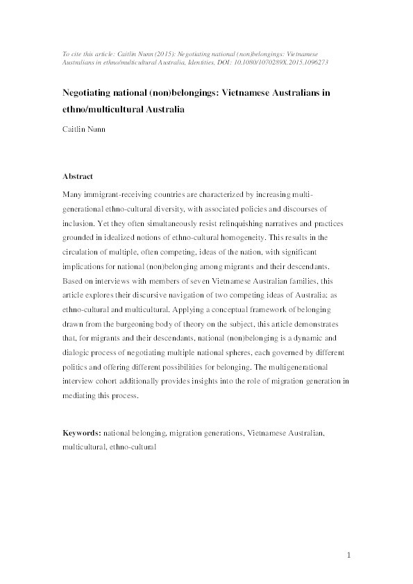 Negotiating national (non)belongings: Vietnamese Australians in ethno/multicultural Australia Thumbnail