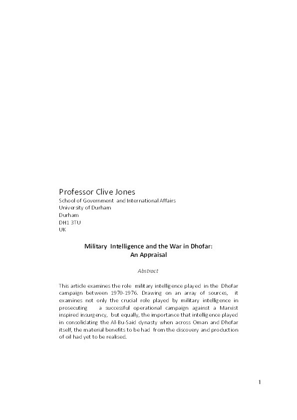 Military intelligence and the war in Dhofar: An appraisal Thumbnail