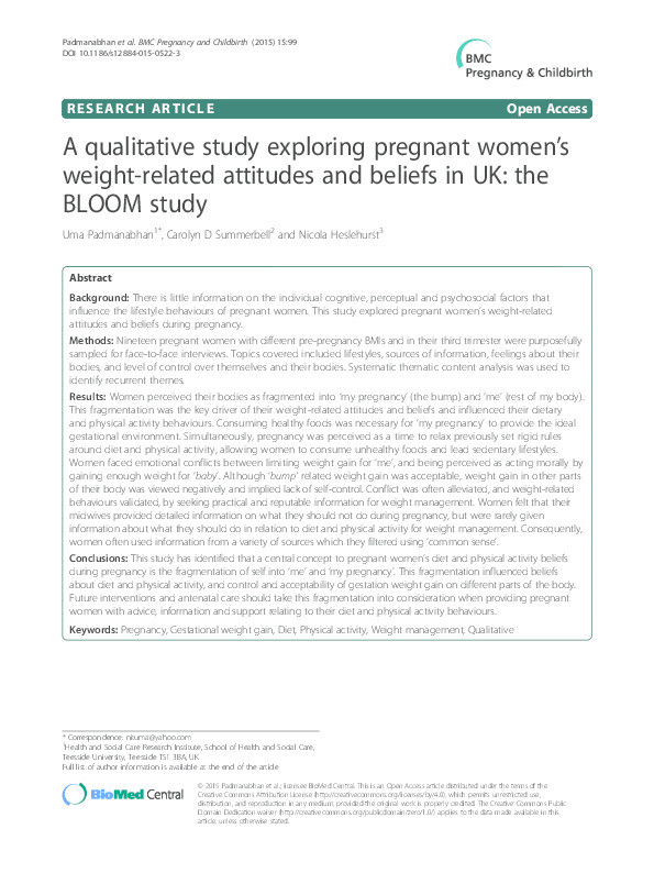A qualitative study exploring pregnant women's weight-related attitudes and beliefs in UK: The BLOOM study Thumbnail