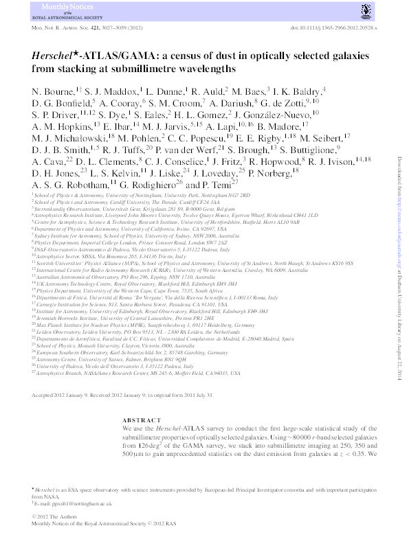 Herschel-ATLAS/GAMA : a census of dust in optically selected galaxies from stacking at submillimetre wavelengths Thumbnail