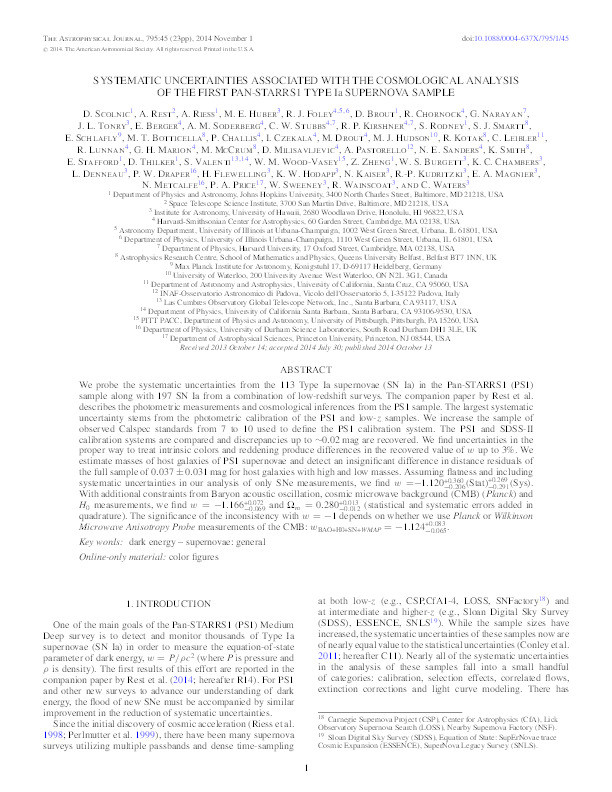 Systematic Uncertainties Associated with the Cosmological Analysis of the First Pan-STARRS1 Type Ia Supernova Sample Thumbnail