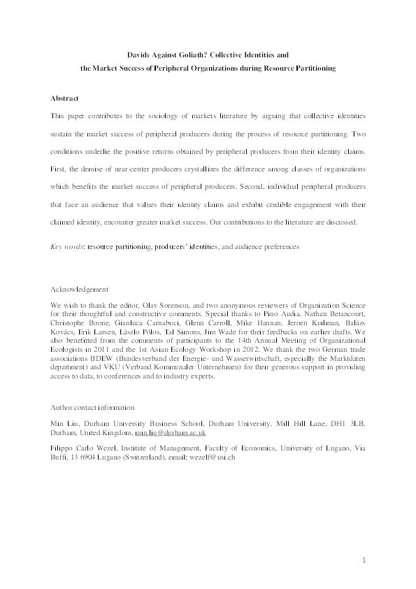 Davids Against Goliath? Collective Identities and the Market Success of Peripheral Organizations During Resource Partitioning Thumbnail