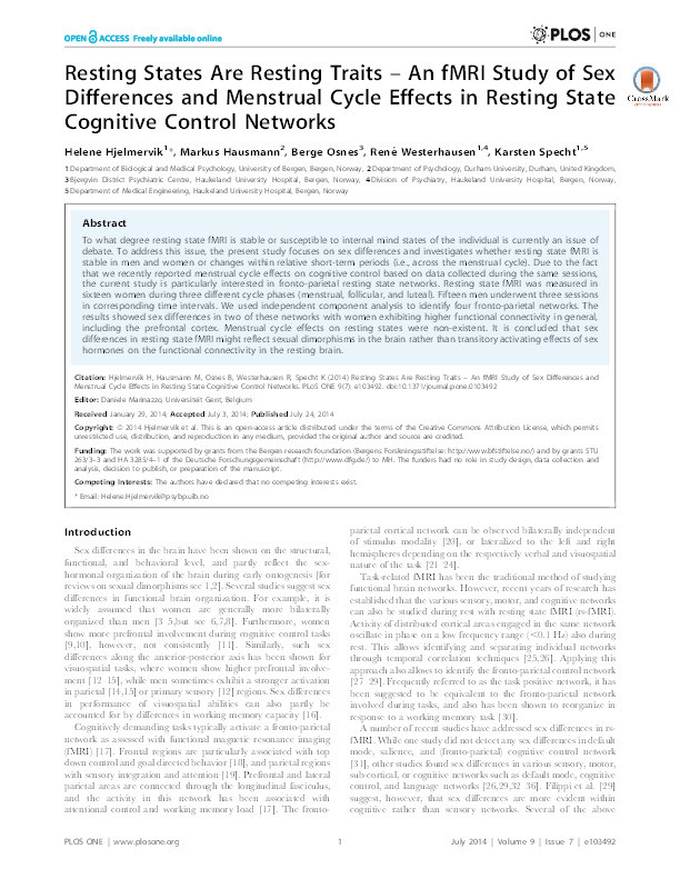 Resting states are resting traits - An fMRI study of sex differences and menstrual cycle effects in resting state cognitive control networks Thumbnail