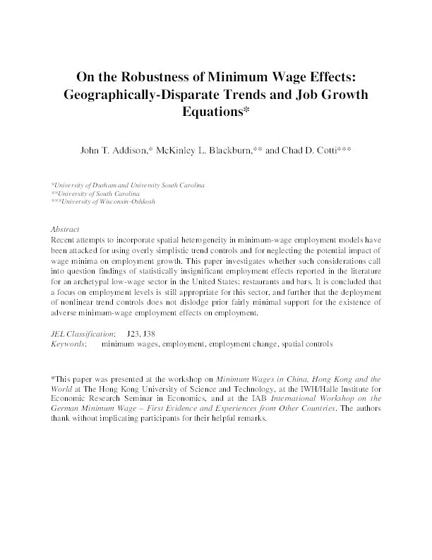 On the Robustness of Minimum Wage Effects: Geographically-Disparate Trends and Job Growth Equations Thumbnail
