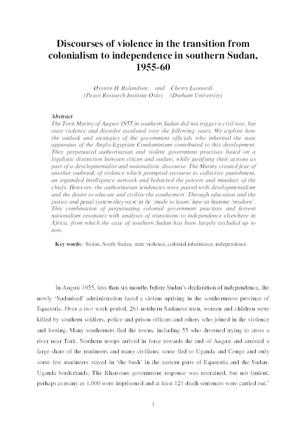 Discourses of violence in the transition from colonialism to independence in southern Sudan, 1955–1960 Thumbnail
