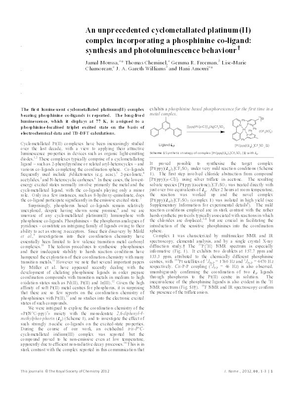 An unprecedented cyclometallated platinum(II)complex incorporating a phosphinine co-ligand: synthesis and photoluminescence behaviour Thumbnail