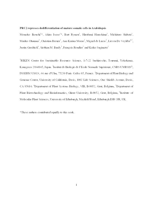 PRC2 represses dedifferentiation of mature somatic cells in Arabidopsis Thumbnail