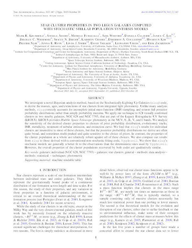 Star Cluster Properties in Two LEGUS Galaxies Computed with Stochastic Stellar Population Synthesis Models Thumbnail