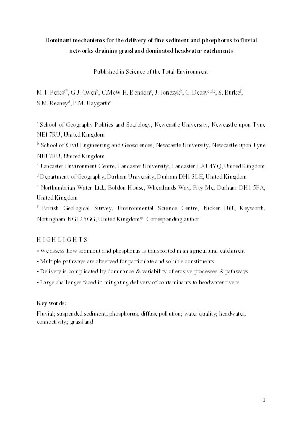 Dominant mechanisms for the delivery of fine sediment and phosphorus to fluvial networks draining grassland dominated headwater catchments Thumbnail